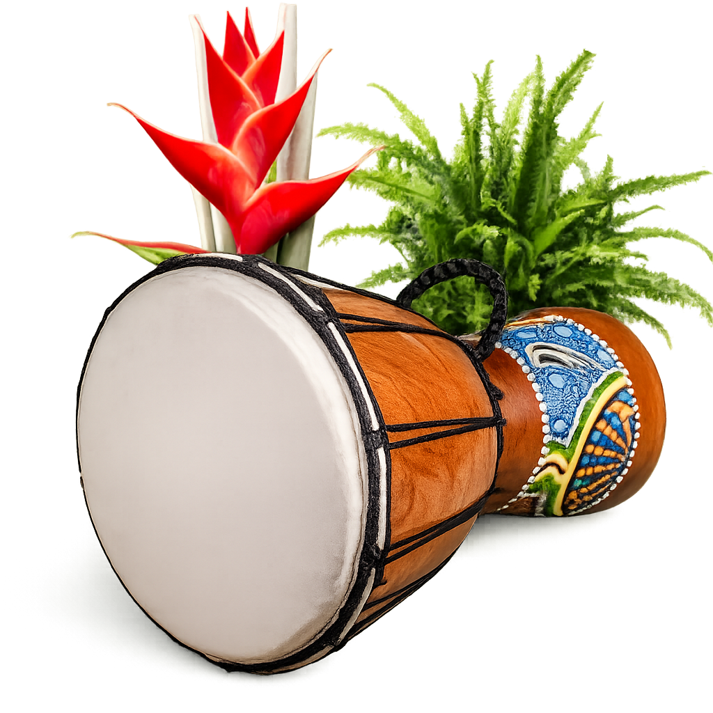 Tambour traditionnel et végétation tropicale — ambiance des ateliers